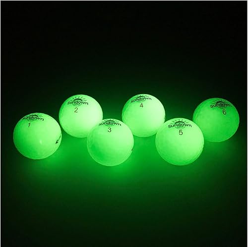 Pelotas de golf Sundown que brillan en la oscuridad 6 unidades con 2 linternas UV, reproduce como una bola estándar