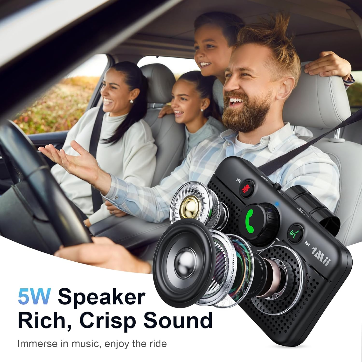 Woman driving, using 1Mii MK02 for hands-free calls and voice assistant