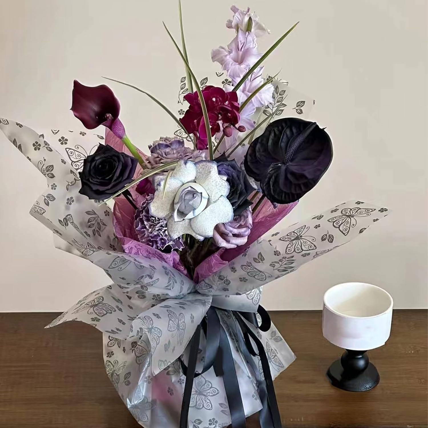 Gloreyan 20 Sheets Flower Wrapping Paper with Butterfly, Florist Bouquet DIY Craft Fresh Flower Wrapping Paper Waterproof Floral Wrapping Gift Packaging Material Florist Supplies(Black) image 5