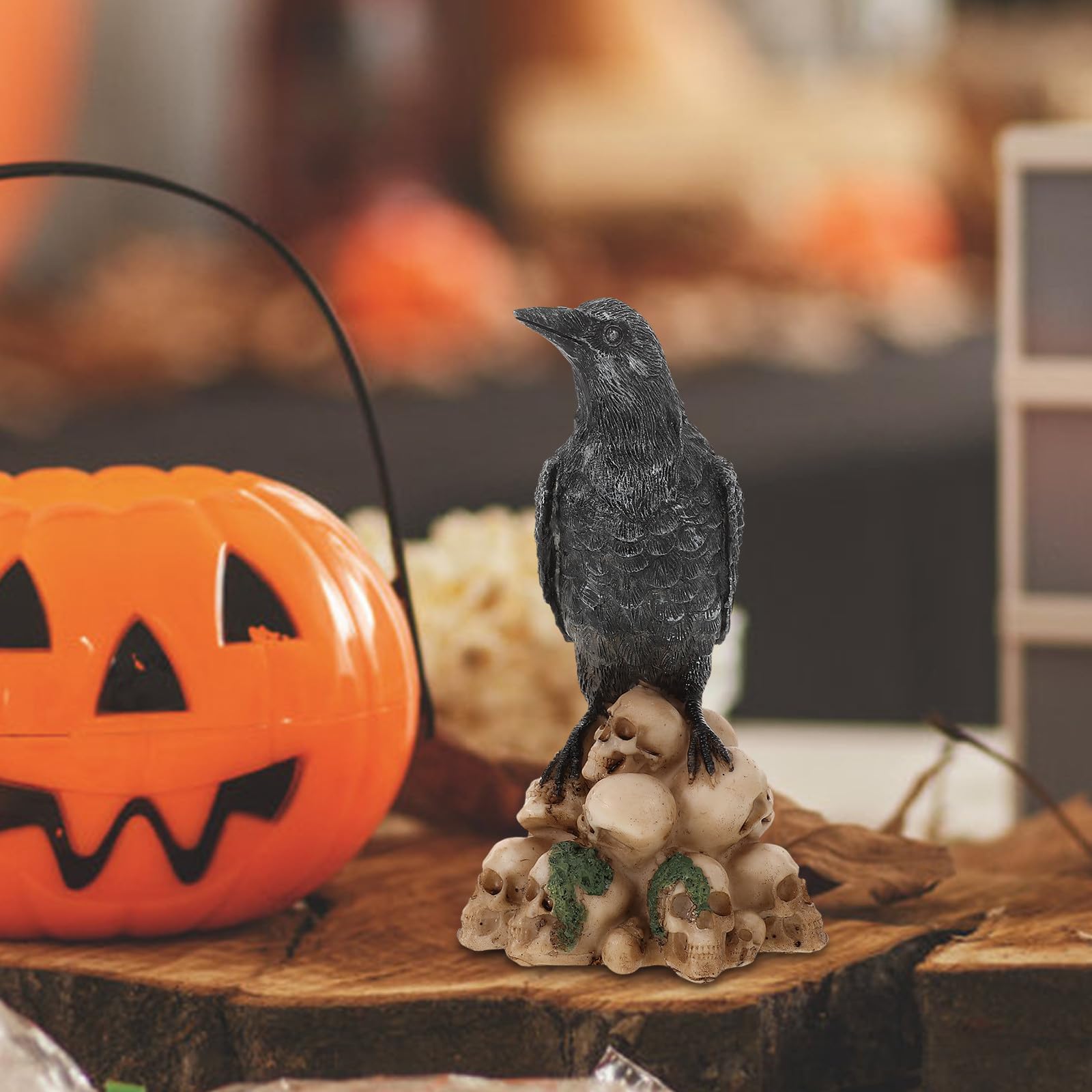 Uonlytech 3 Pezzi Statua Decorativa di Halloween in Resina con Teschio Nero, Gatto e Corvo Realistici, Resistente All’usura, per Decorazioni Tavolo Festa di Halloween