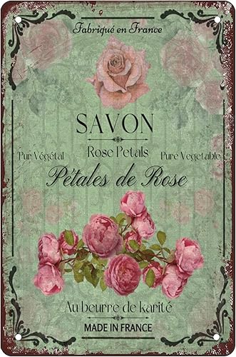 Shabby Chic - Letrero de baño con rosas rosadas, vintage, decoración de pared de baño, decoración de metal vintage, letreros de metal vintage para