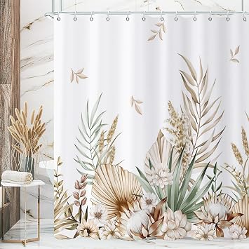 Boho Plants Shower Curtain, Tan Tropical Leaves Floral Botanical Plants Bathroom Curtain Waterproof Fabric Machine Washable with Hooks, 72" Wx78 L