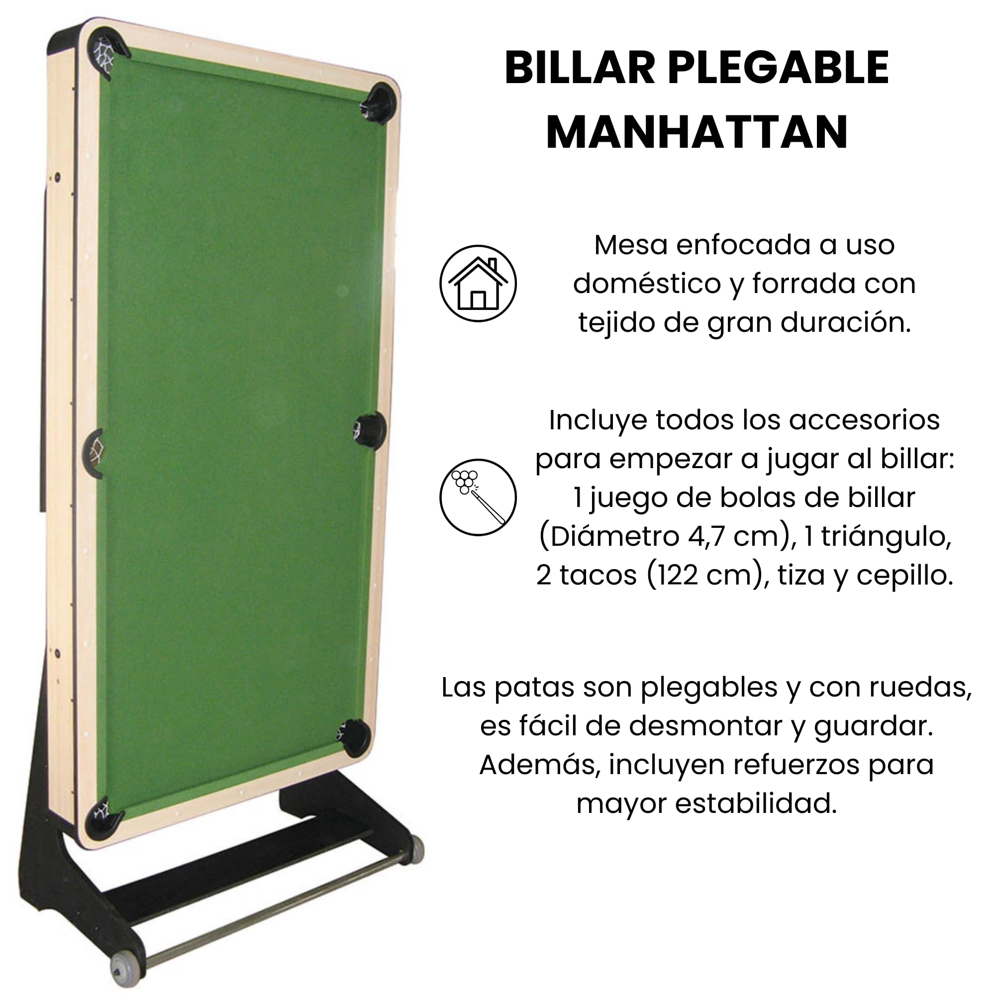 Mesa de Billar Plegable Manhattan - Incluye Todos los Accesorios y de Fácil Transporte – Ideal para Niños y Adultos, 152x76x79 cm