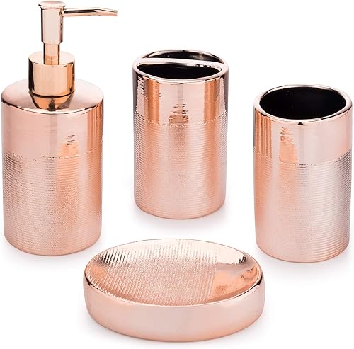 Miniatura 5 de MyGift Juego de 4 piezas de baño de cerámica texturizada moderna con jabonera, dispensador de bomba, soporte para cepillo de dientes y vaso