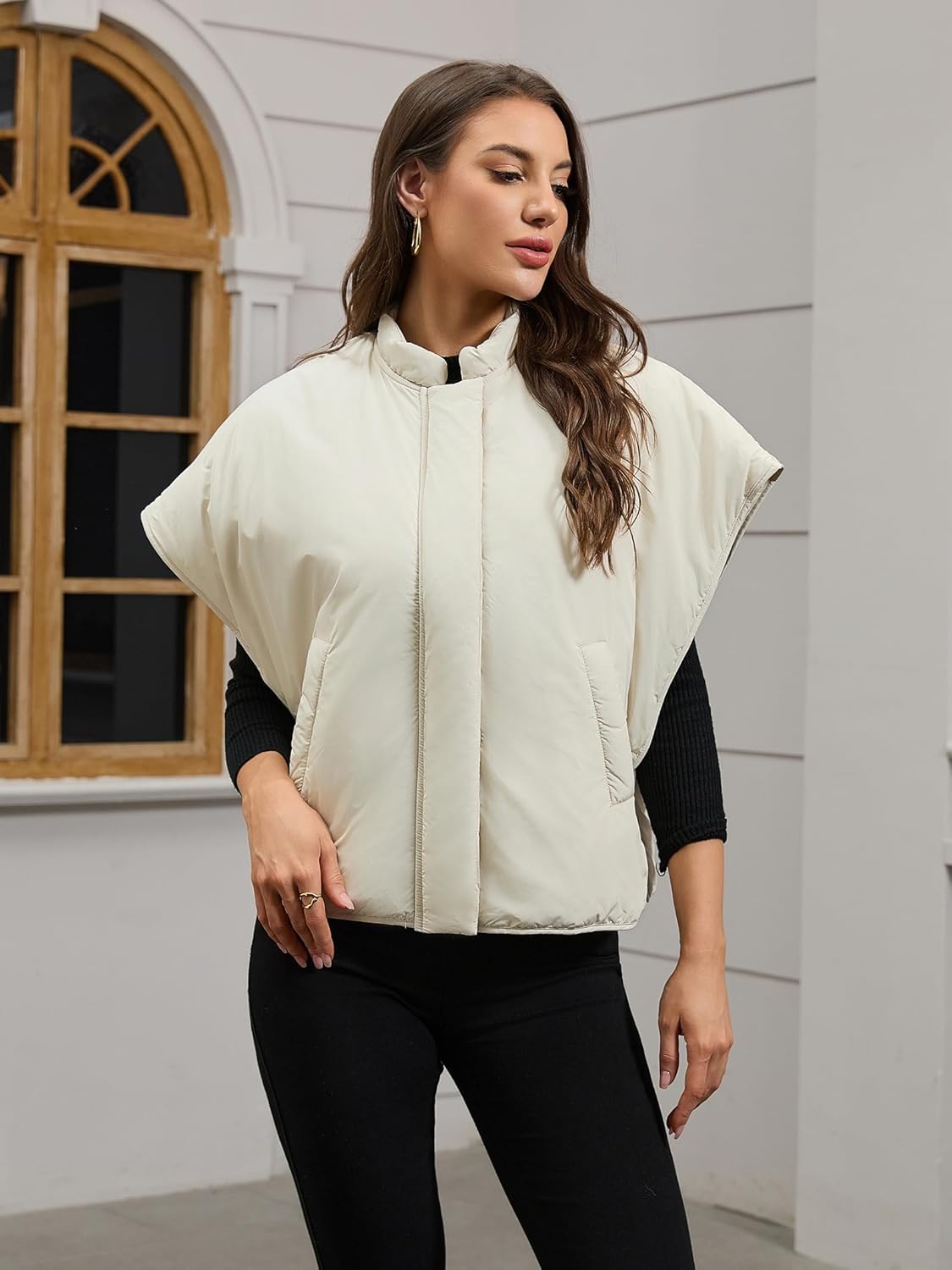 Women's Lightweight Oversized Puffer Cape Vest Cap Sleeve Padded Cape Jacket Outwear with Pockets - Image 3