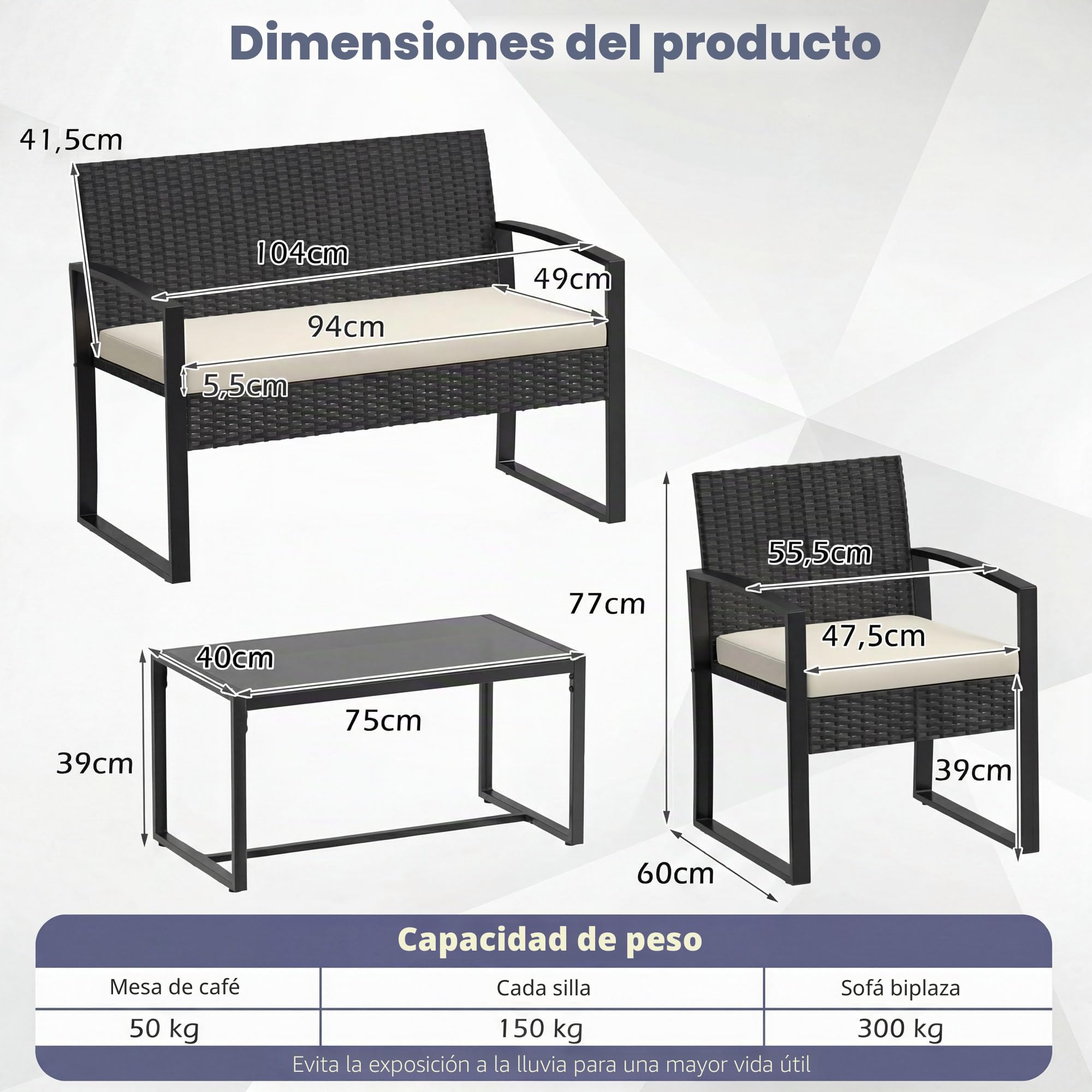 SOARS Conjunto Jardín Exterior de Ratán PE y Metal, Muebles de Jardín de 4 Piezas con Respaldo Inclinado y Cojines de Asiento, Muebles de Exterior con Mesa de Centro para Patio, Jardín (Beige)