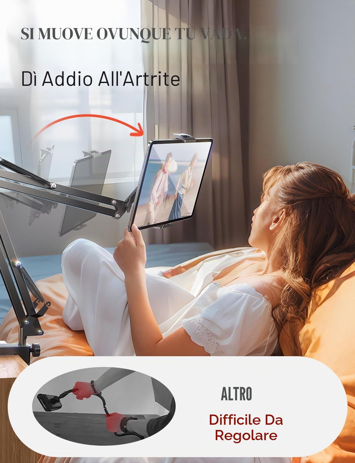 LISEN Supporto per tablet regolabile a braccio lungo 2 clip per iPad Kindle Samsung Galaxy