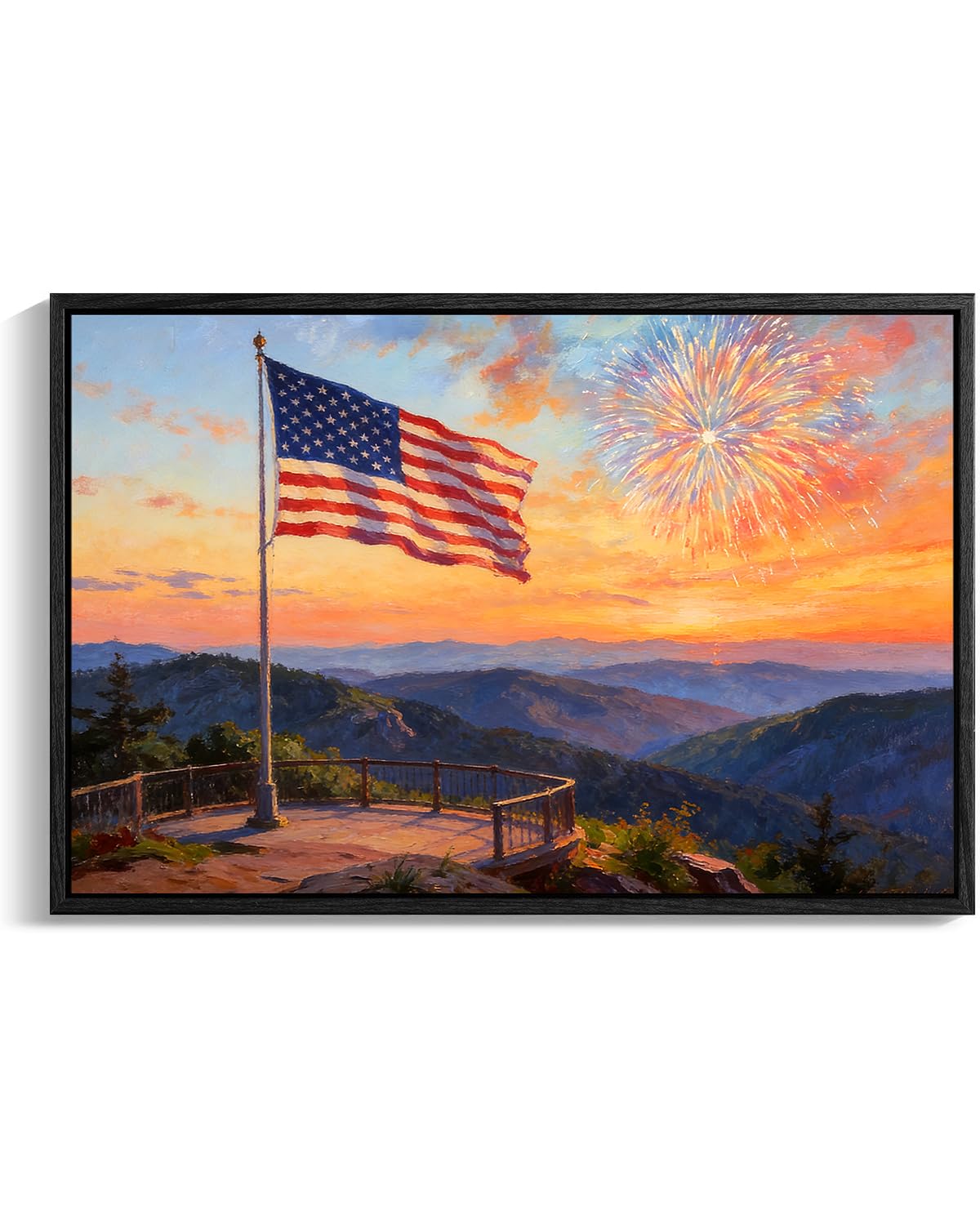 American Flag Framed Canvas Wall Art, 4th of July Fireworks Canvas Prints