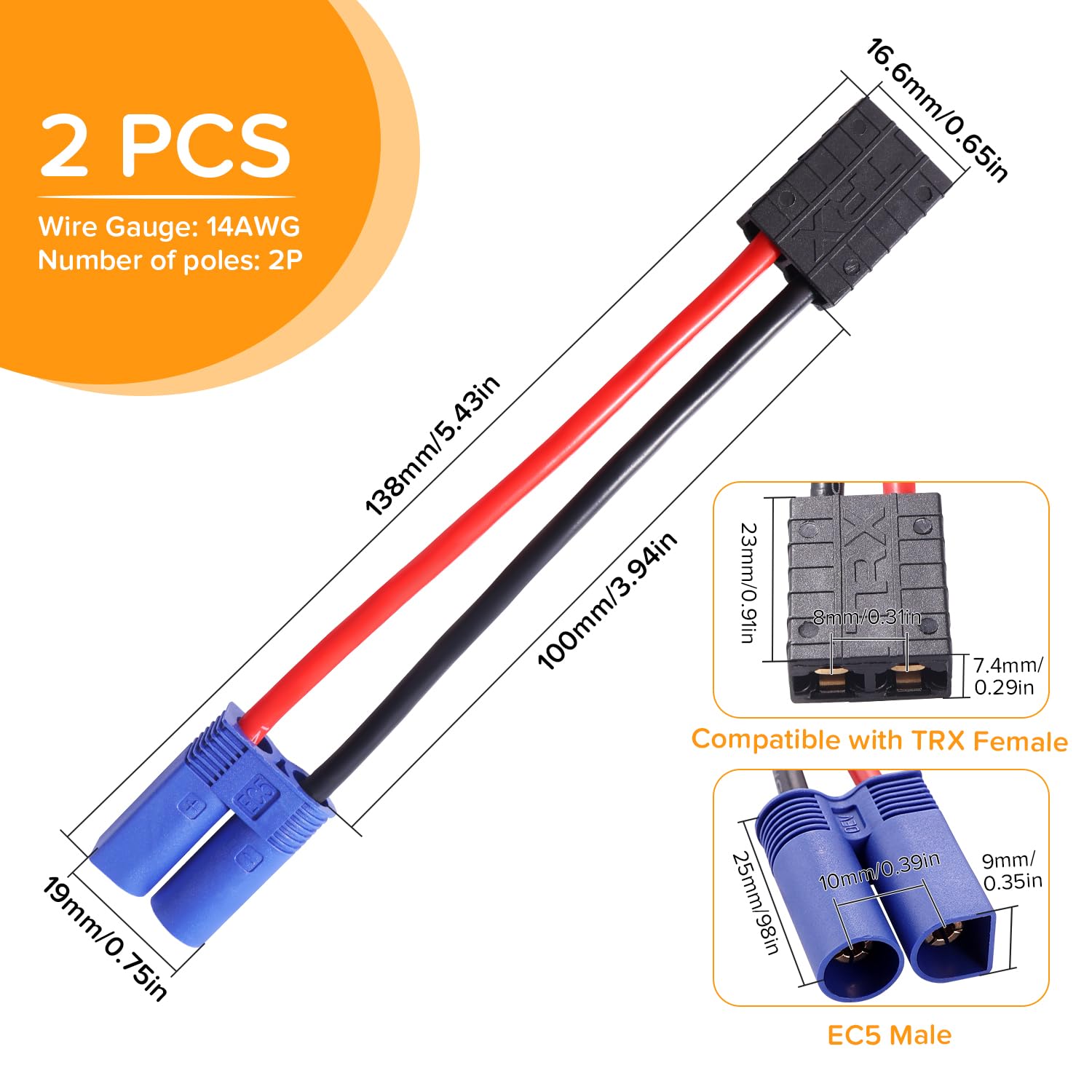 2 Sztuk Kompatybilne z Traxxas do EC5 Adapterem, EC5 Męski do Kompatybilnego z TRX Żeński Wtyk Złącza, z 10cm 14AWG Silikonowym Kablem, do Akumulatora RC LiPo
