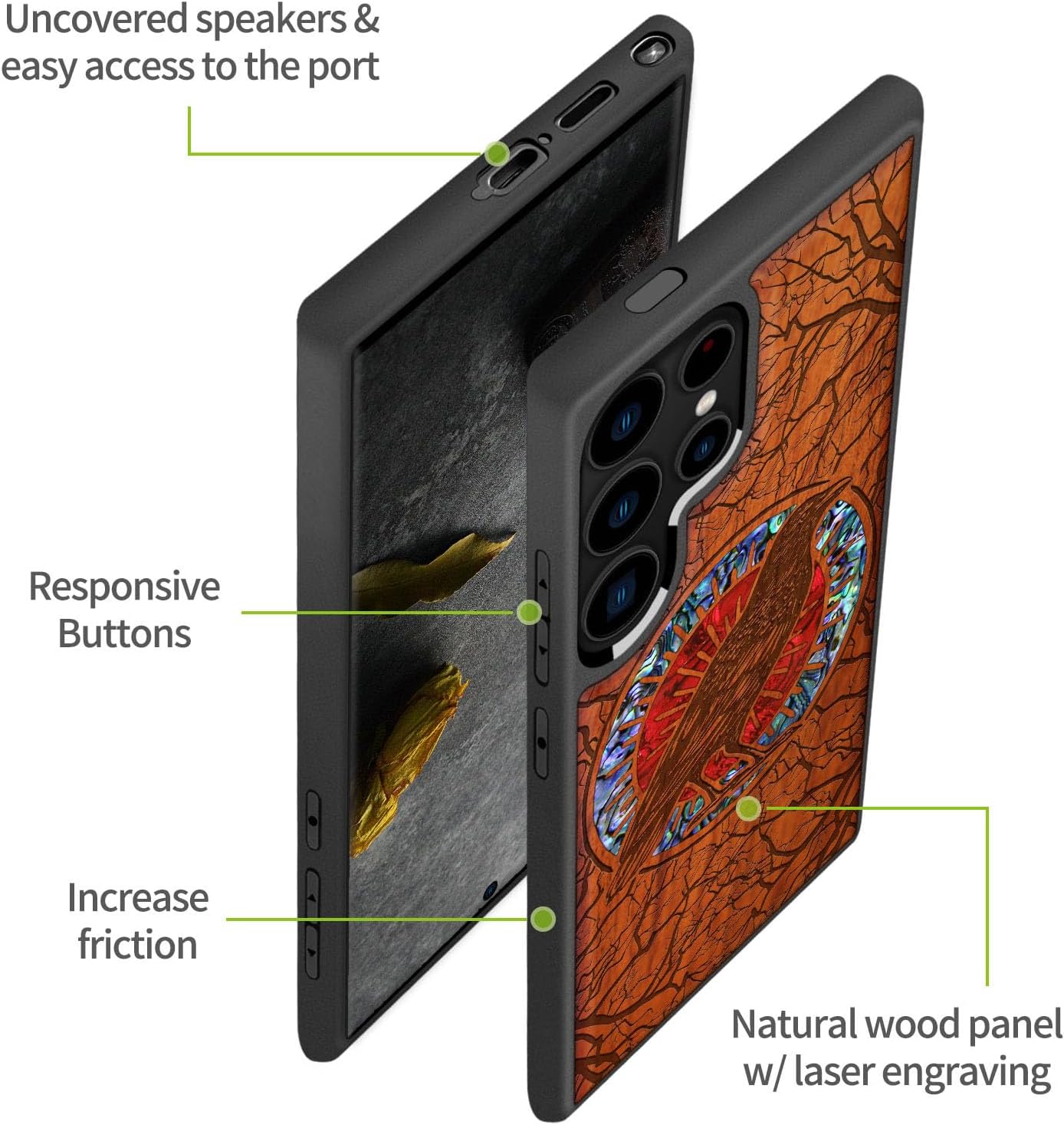 Carveit Designer Wooden Case for Samsung Galaxy S24 Ultra - Wood Engraving & Shell Inlay - Compatible with Wireless Chargers - The Haloed Crow (Rosy)