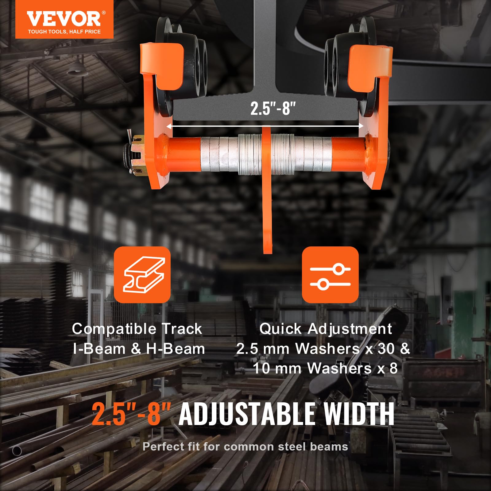VEVOR Manual Trolley, 4400 lbs/2 Ton Load Capacity, Push Beam Trolley with Dual Wheels, Adjustable for I-Beam Flange Width 2.5