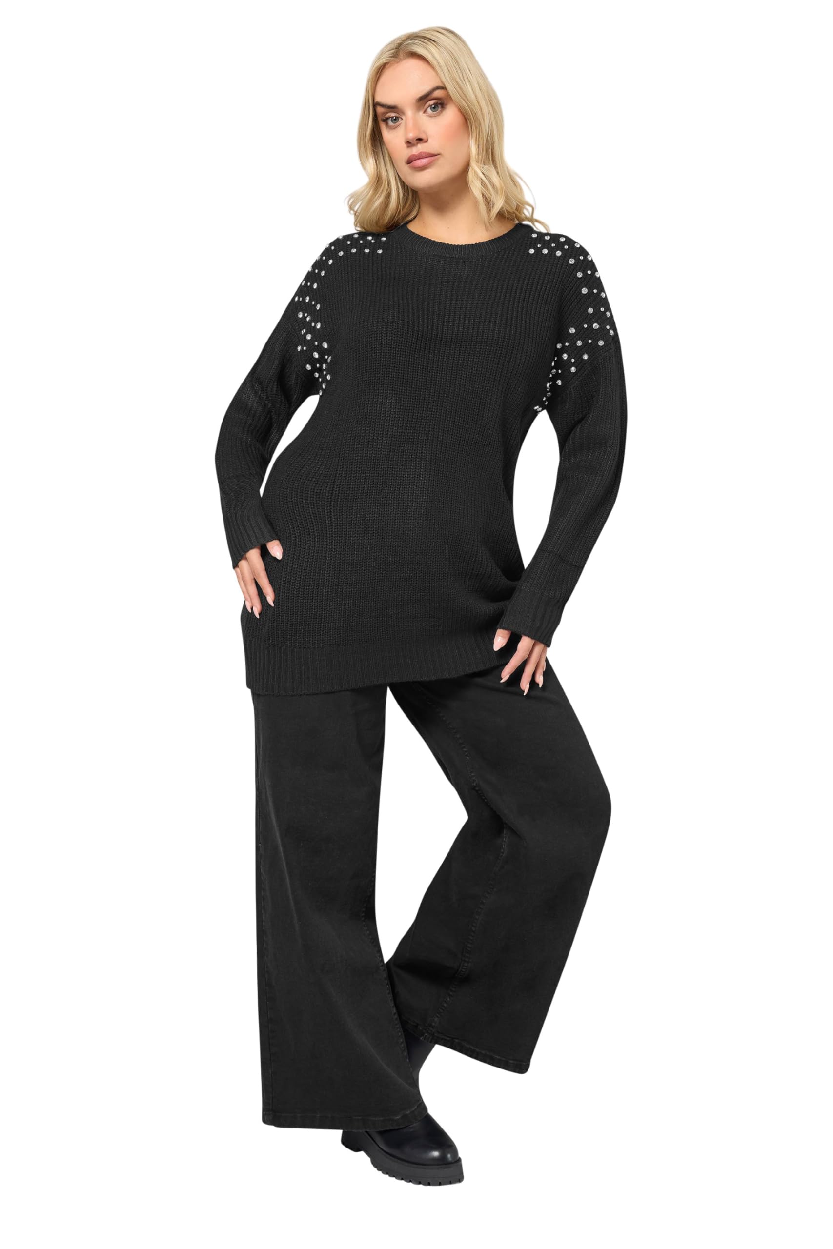 Yours Curve Diamante Embellished Knitted Jumper - Women's - Plus Size Curve Black