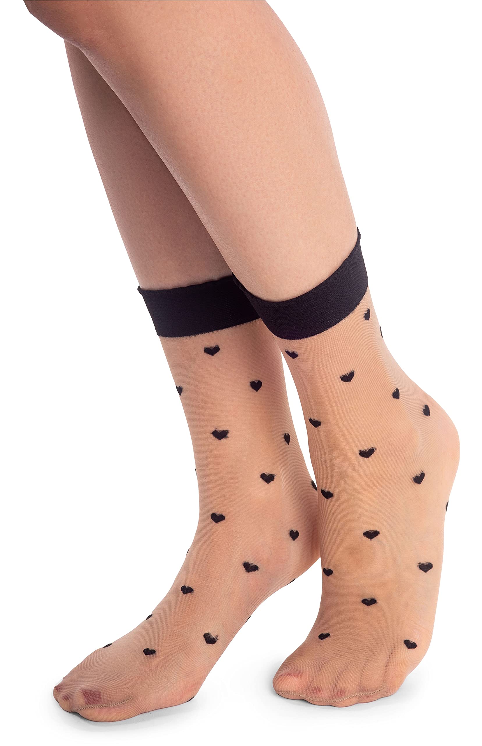 Noq Women's Cuori Naturel/Nero Fashionable Patterned Socks Fancy Stockings Sheer Pop Free Size,