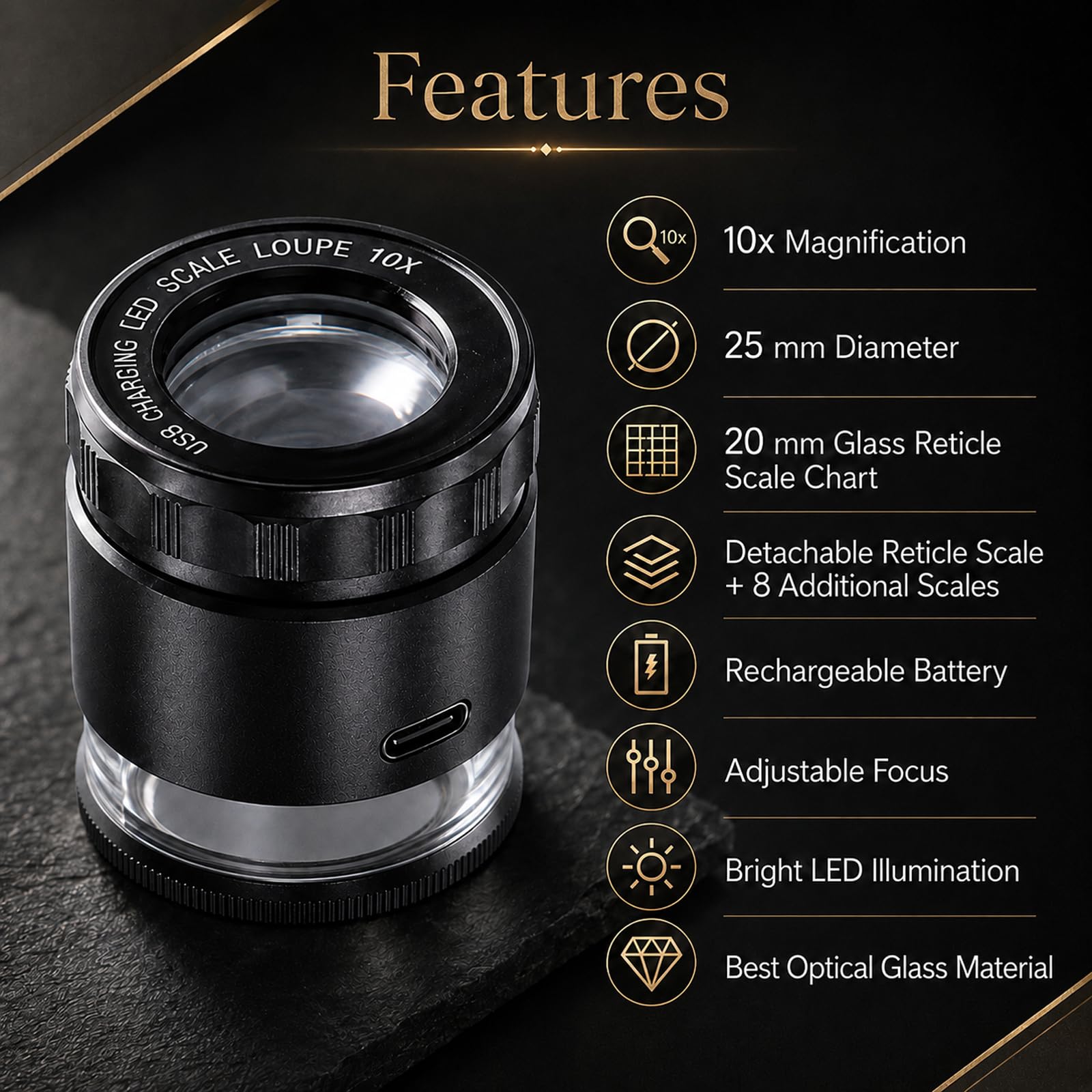 Lupa recargable de 10 aumentos con escala de retícula de cristal 9 lupa para joyeros con escala multifunción desmontable, lupa de joyería con luz LED para monedas, sellos y joyas