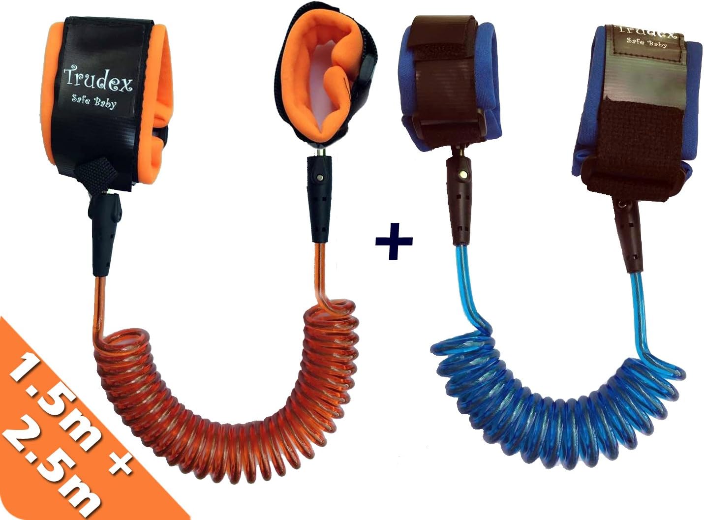 2 Pack Child Anti Lost Belt, Trudex Safe Skin Friendly Anti Pricking Cotton Wrist Straps,1.5m & 2.5m/ Blue & Orange