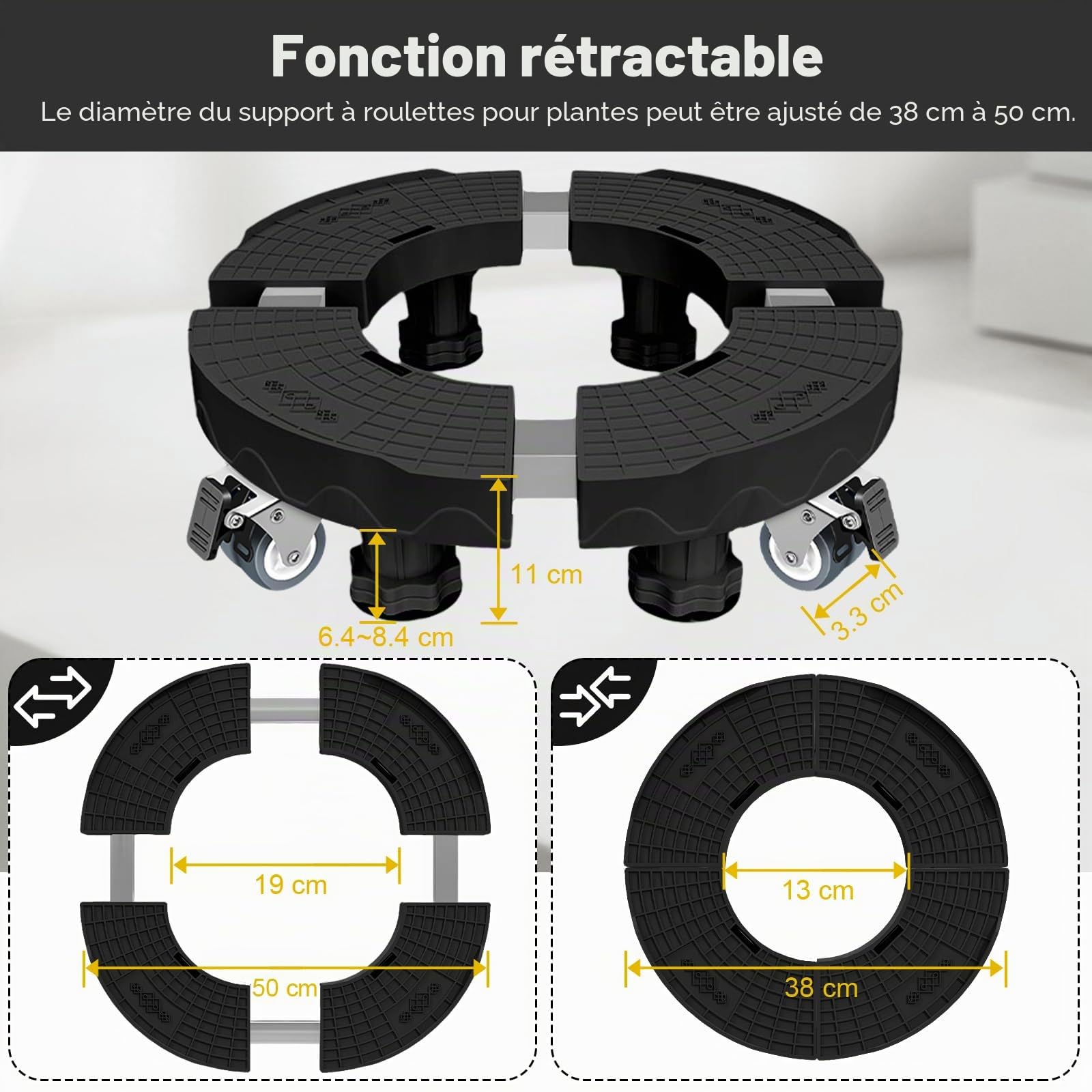 Rouleaux de Plantes Réglables 38-50 cm, Lot de 2 Plateaux Roulants Capacité de Charge 250 kg Chariot de Plantes avec Roues Pivotantes à 360° pour Grands Pots de Fleurs à l’Intérieur et à l