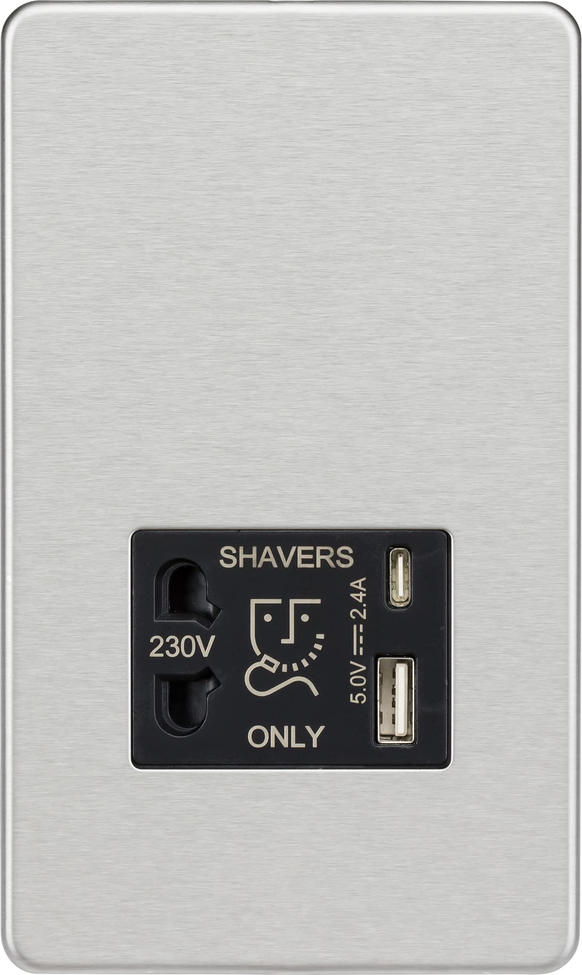 Presa Singola 230V Con Doppia USB 2,4A | Cromo Spazzolato Senza Viti | Certificata BS1363-2