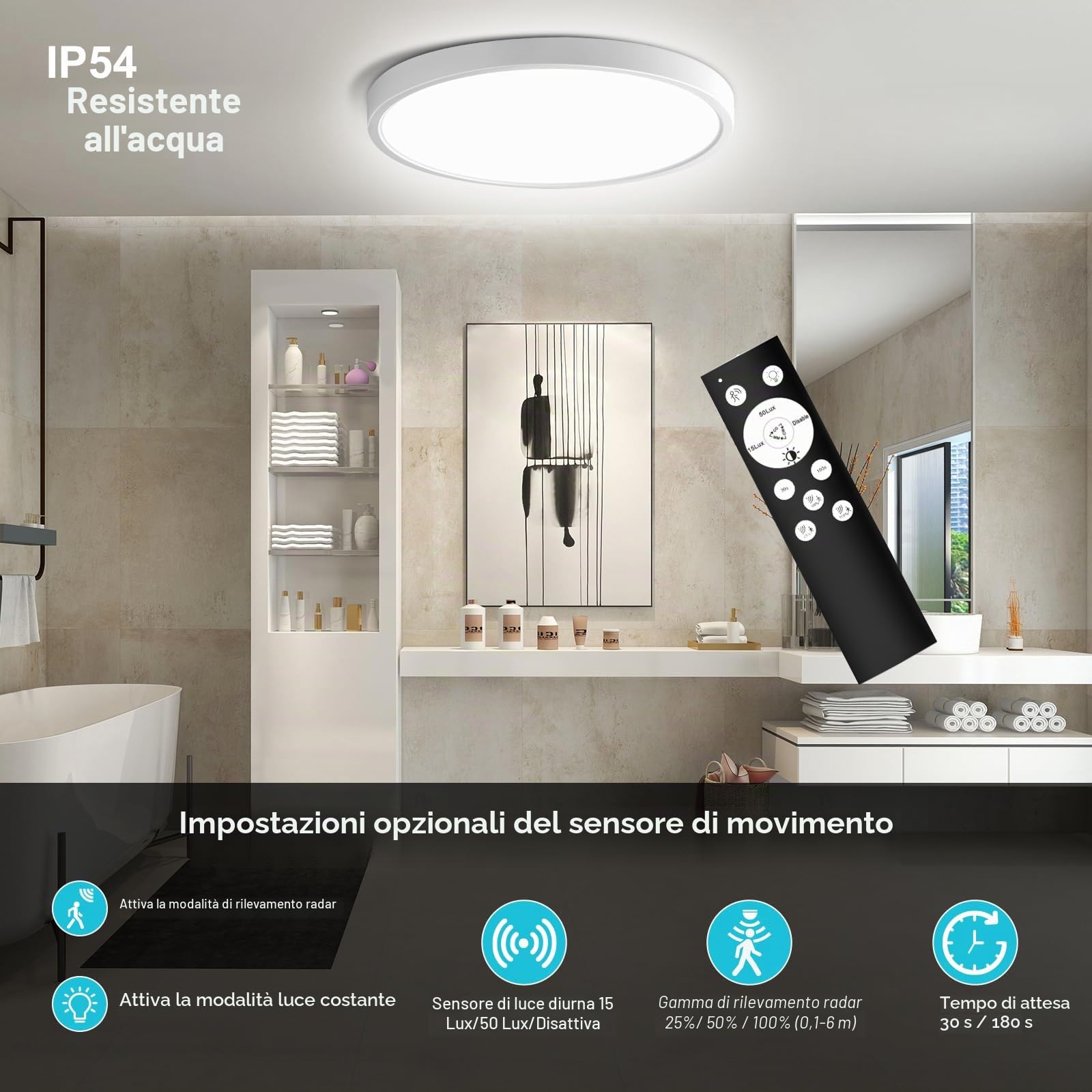 Lampada con Sensore di Movimento, 28W 2800LM Plafoniera Dimmerabile con Telecomando, Luce led con Sensore Crepuscolare, IP54 Lampada da Soffitto Luci per Corridoio Scala Balcone Bagno, 30cm