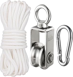 Cable Pulley Block Heavy Duty Stainless Steel, Bearing Inside with 32ft Nylon Rope and 1 Hook,Swivel Single Pulley Wheel,Good for Pulley Lifing System,Loading 551lb