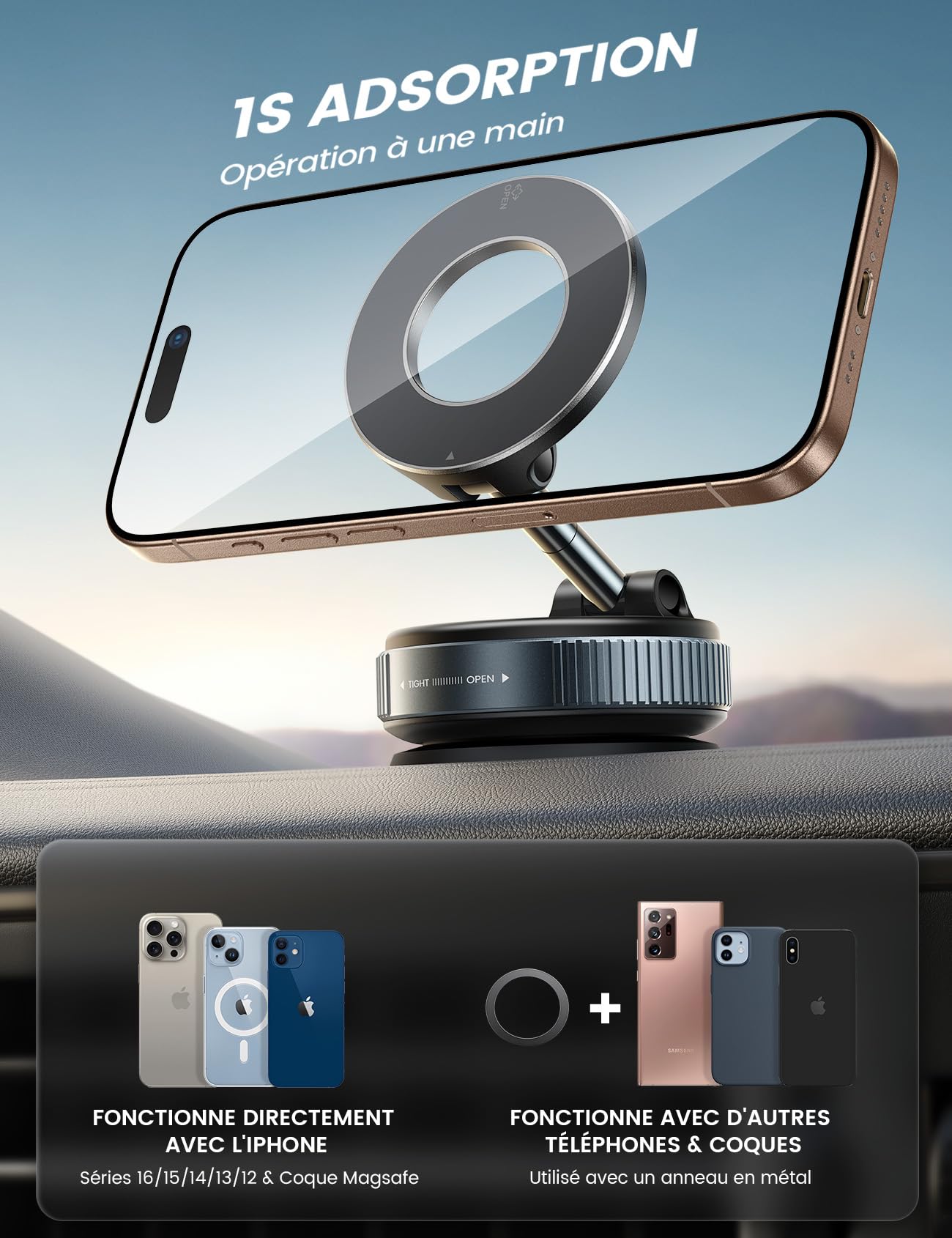 Lamicall Support Telephone Voiture pour MagSafe - [Ventouse à Vide & 24X N55] 360° Rotation, Porte Voiture pour Tableau de Bord/Pare-Brise, Support Magnétique pour iPhone 17 16 15, Autres Smartphones