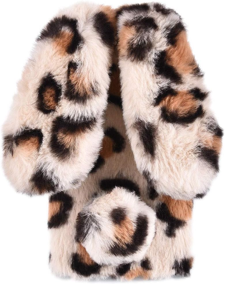 King phone Plush Rabbit Cover for iPhone XR Fluffy Rabbit Case Fashion Cute Case Bunny Ears Cover Super Soft Warm Furry Rabbit Shockproof Back Shell, White Leopard