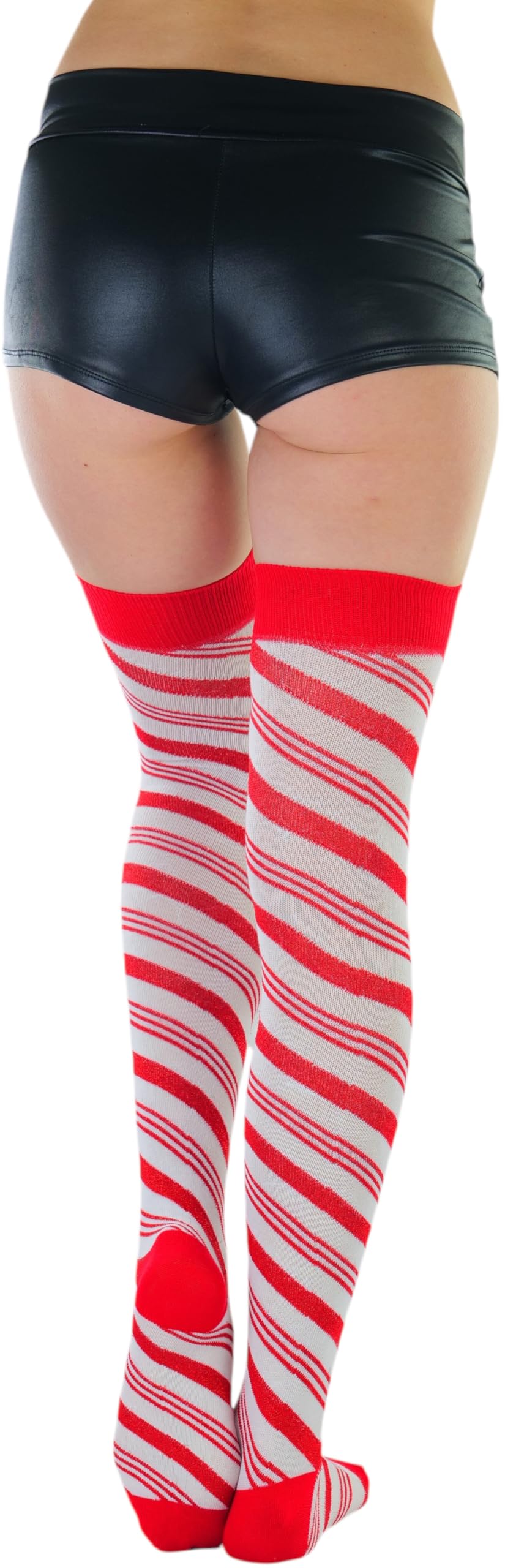 ToBeInStyle Women's Striped Christmas Thigh Hi Stockings W/Bow: One Size Shimmering Candy Cane Striped - Red/White