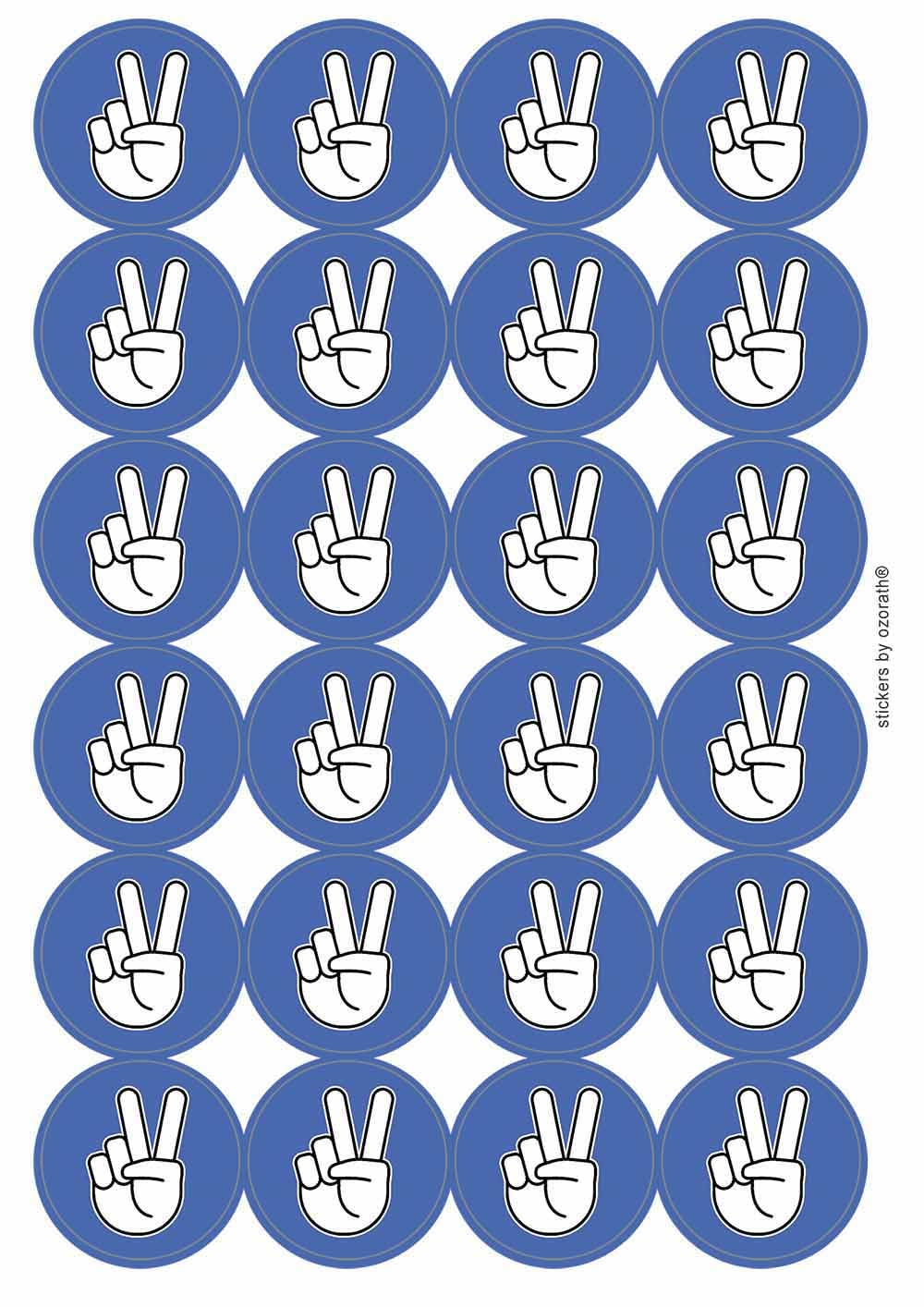 Peace Sign V Blue Circular Matt Paper Stickers A4 Sheet of 24 (Each Sticker is 45mm Diameter)