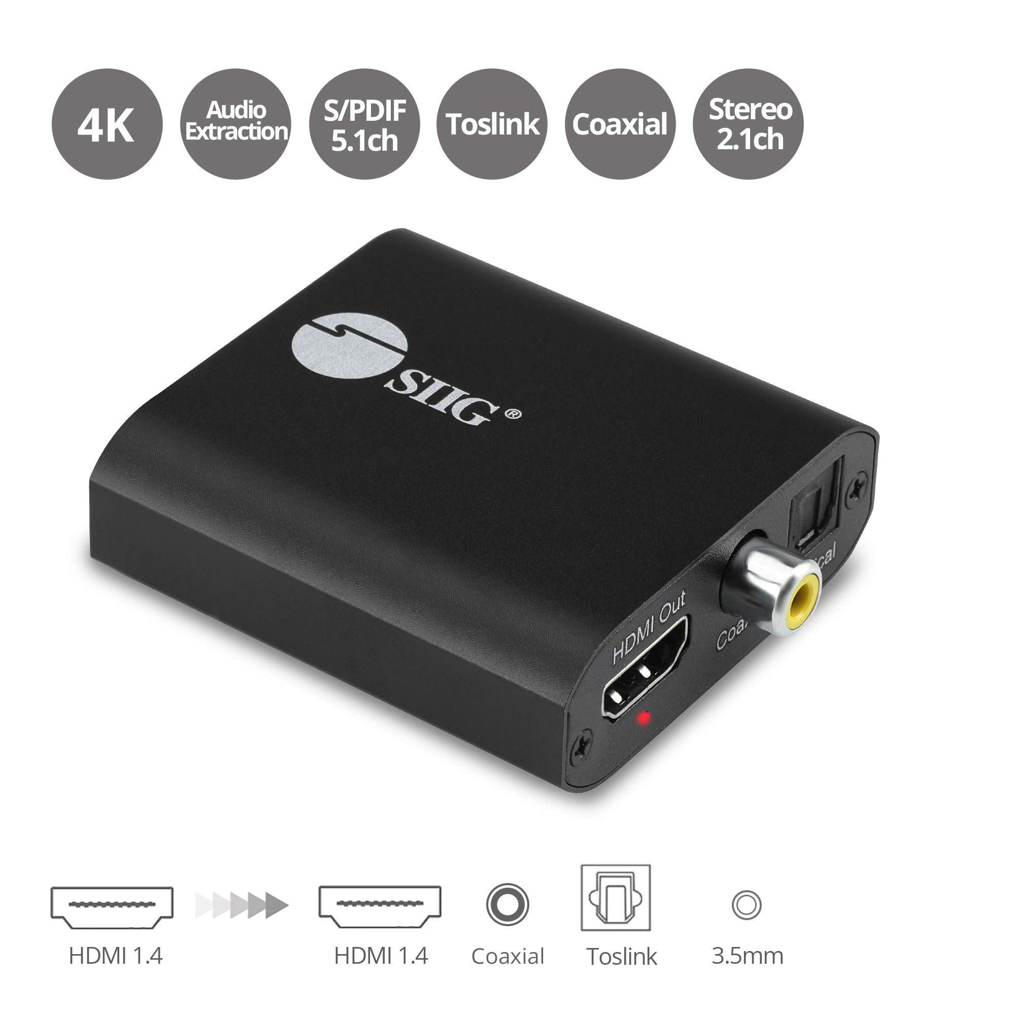 SIIG Convertidor de extractor de audio HDMI 4K, HDMI 1.4, 4K60 4:2:0 o 4K30, HDCP 1.4, extracto de audio a Toslink/Coaxial/3.5mm simultáneamente, soporta audio digital 5.1/PCM 2ch (CE-H26Q11-S1)