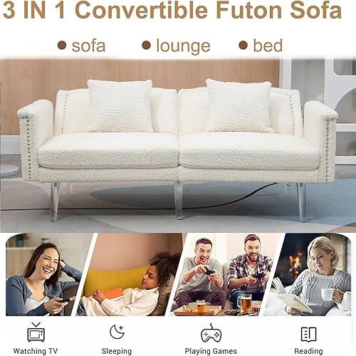 Miniatura 5 de Moderno sofá futón de la edad media, sofá cama plegable convertible futón sofá pequeño de terciopelo transpirable, sofá de doble asiento para sala