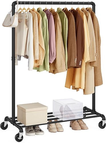 SONGMICS Burro Ropa, Perchero Burro con Ruedas, Capacidad de Carga de 90 kg, Perchero con Barra para Colgar, Estante de Almacenamiento, Estilo Industrial, Negro HSR61BK.