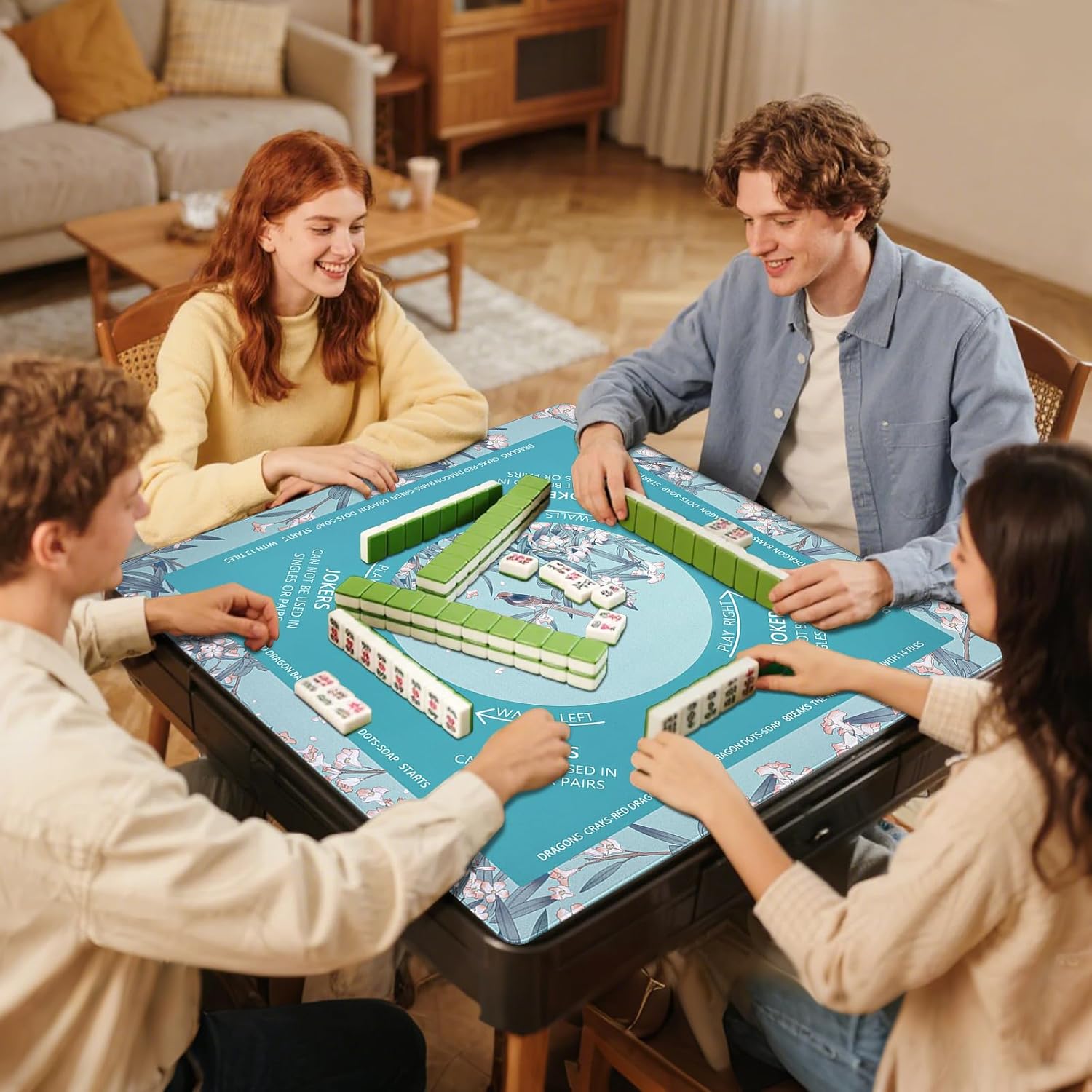 Mahjong Mat for Table with Rules, Noise-Reducing 32.6"x32.6" Mahjong Table Cover, Non-Slip Table Cloth for American Mahjong, Poker, Card, Board & Tile Game, Easy Storage with Travel Bag (Lake Blue)