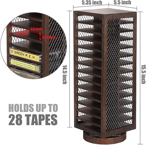 Miniatura 4 de FARM IN Almacenamiento de cinta de casete, diseño giratorio de 360 grados, torre de cassette estilo granja, doble cara de 28 ranuras, madera maciza