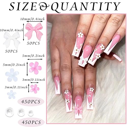 Miniatura 3 de RODAKY 1000 dijes de lazo rosa para uñas, dijes de lazo blanco para resina de uñas, cuentas de perlas de uñas con parte trasera plana, dijes de