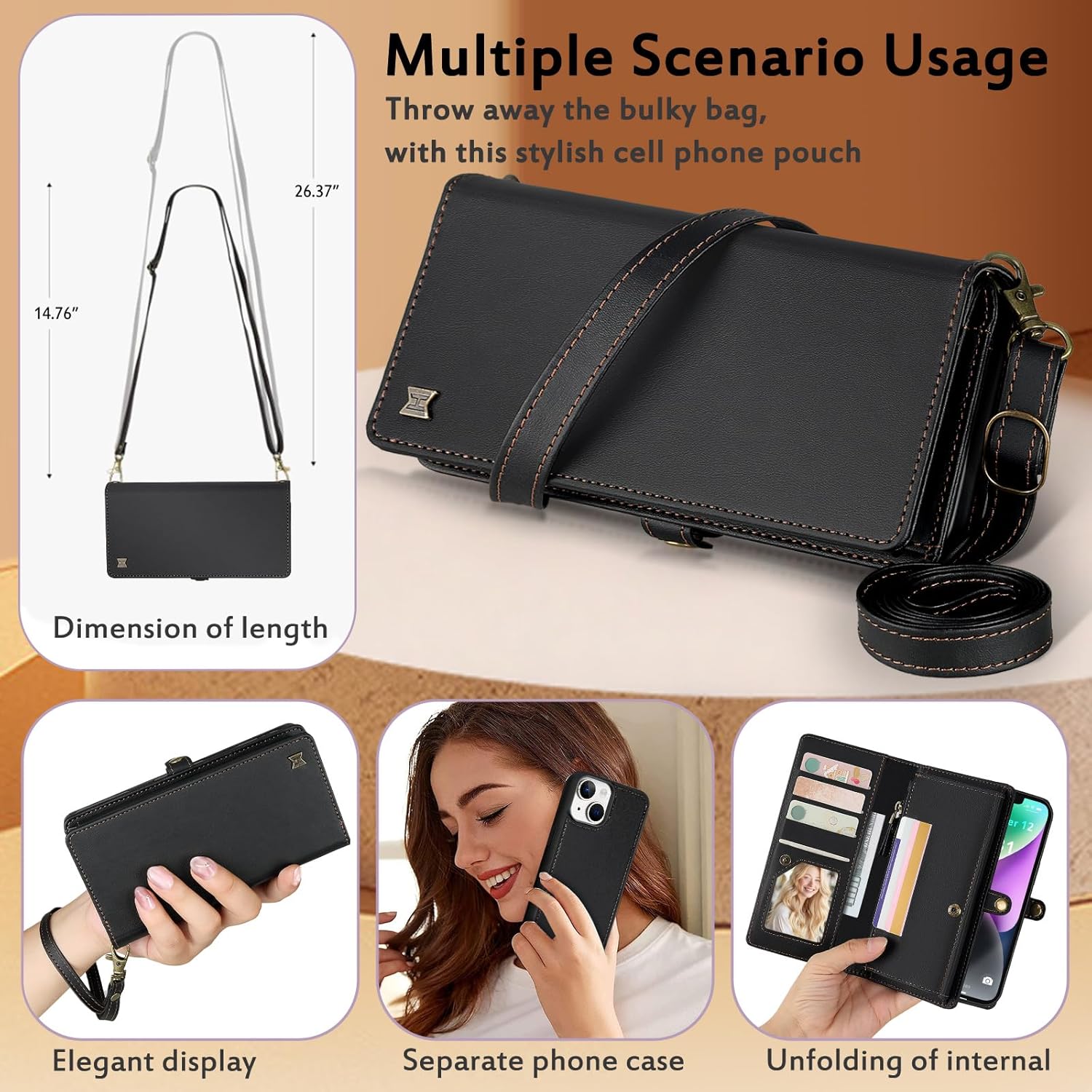 for Wallet Case Compatible with iPhone 14,Multi-Function Detachable 2 in 1 Magnetic iPhone 14 Case Wallet,Flip Strap Zipper Card Holder Phone Case with Shoulder Straps (Black)