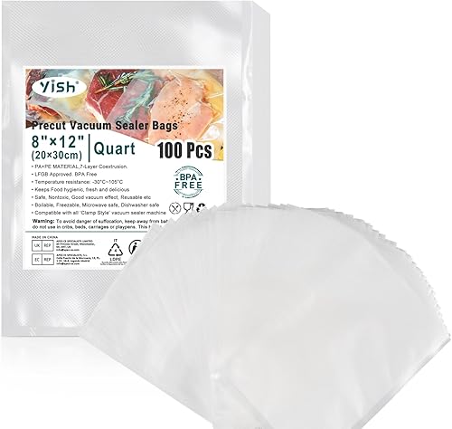 Miniatura 1 de YISH Bolsas selladoras al vacío de cuarto de galón 100 bolsas precortadas de 8 "x 12" para guardar alimentos, sin BPA, reutilizables para