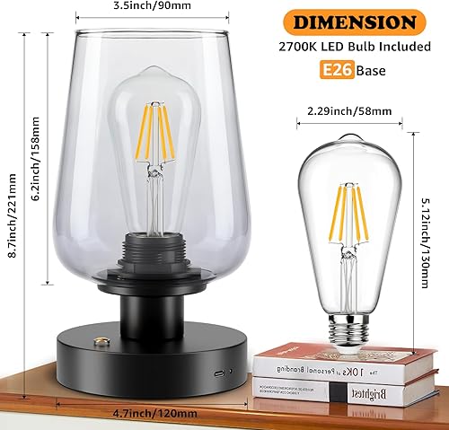 Miniatura 2 de FOLKSMATE Lámpara de mesita de noche inalámbrica, lámpara táctil recargable, luz nocturna regulable de 3 vías con bombilla LED, lámpara a pilas para
