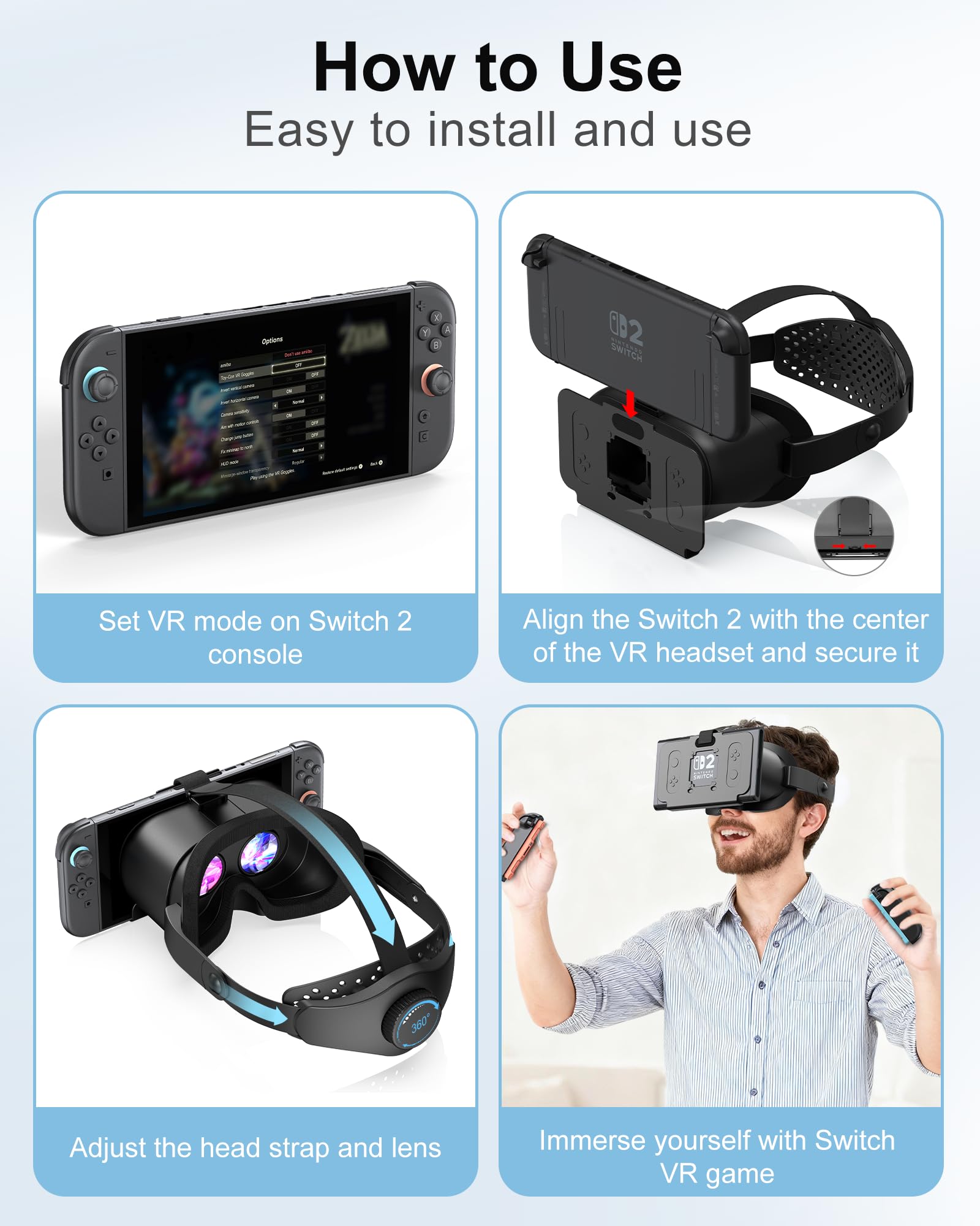 Casque VR amélioré pour Nintendo Switch 2 (2025), Lunettes de réalité virtuelle Switch 2 avec lentilles HD réglables et Sangle de tête Confortable, Lunettes 3D Virtual Boy pour Accessoires Switch 2