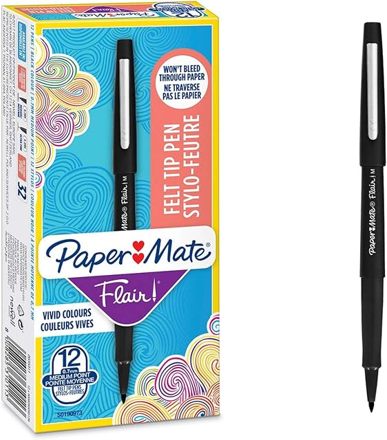 Paper Mate Flair Felt Tip Pens | Medium Point (0.7mm) | Black | 12 Count