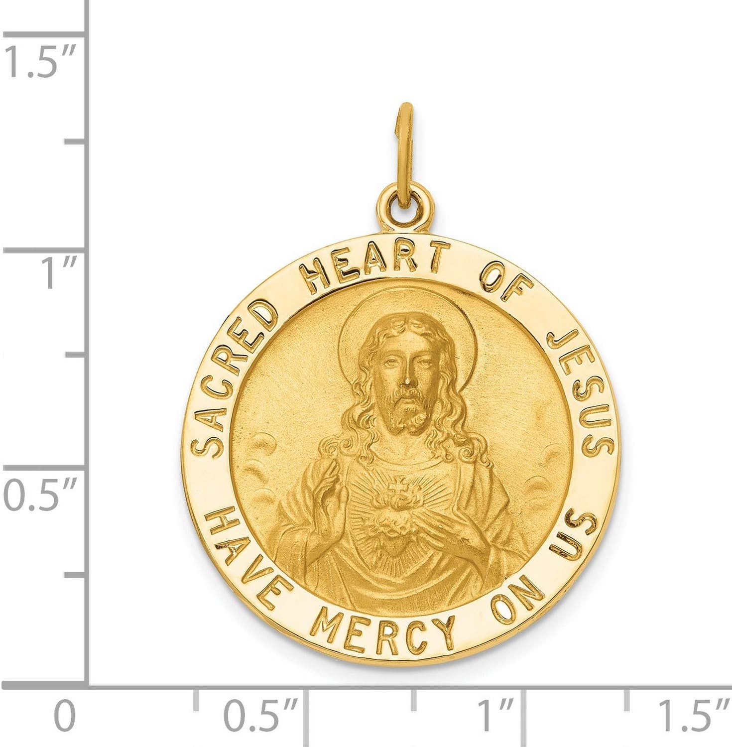 14k Yellow Gold Sacred Heart Jesus Pendant with Mercy Inscription, Catholic Religious Medallion for Prayer, Christian Necklace, Solid Gold Devotional Jewelry for Men or Women, Faith Medal 25mm - Image 3