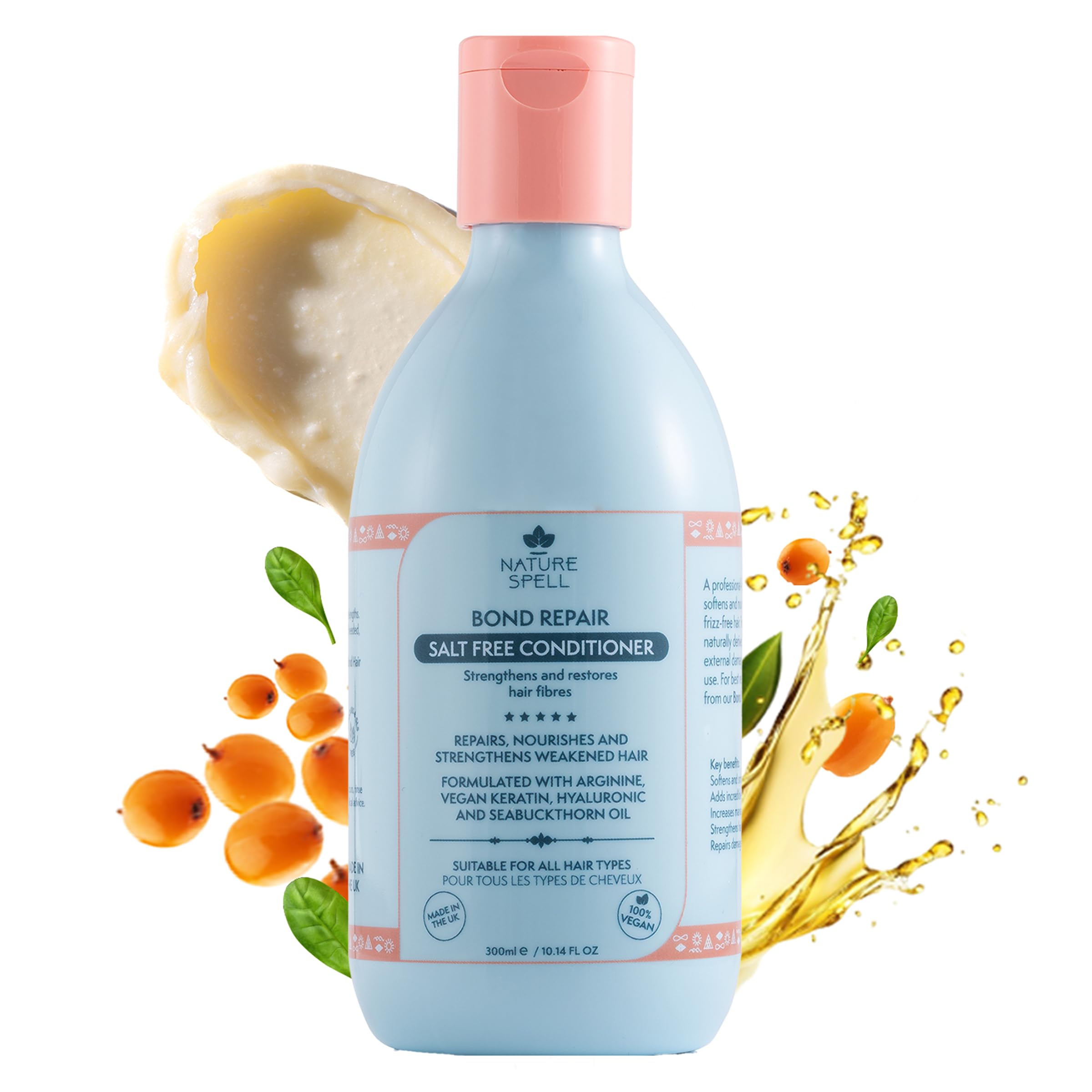 Nature Spell Bond Repair Conditioner, Sulfate & Paraben Free, Repairs & Nourishes Weak Strands with Vegan Keratin & Hyaluronic Acid, Color Safe, For All Hair Types, Vegan, 10.14 fl oz