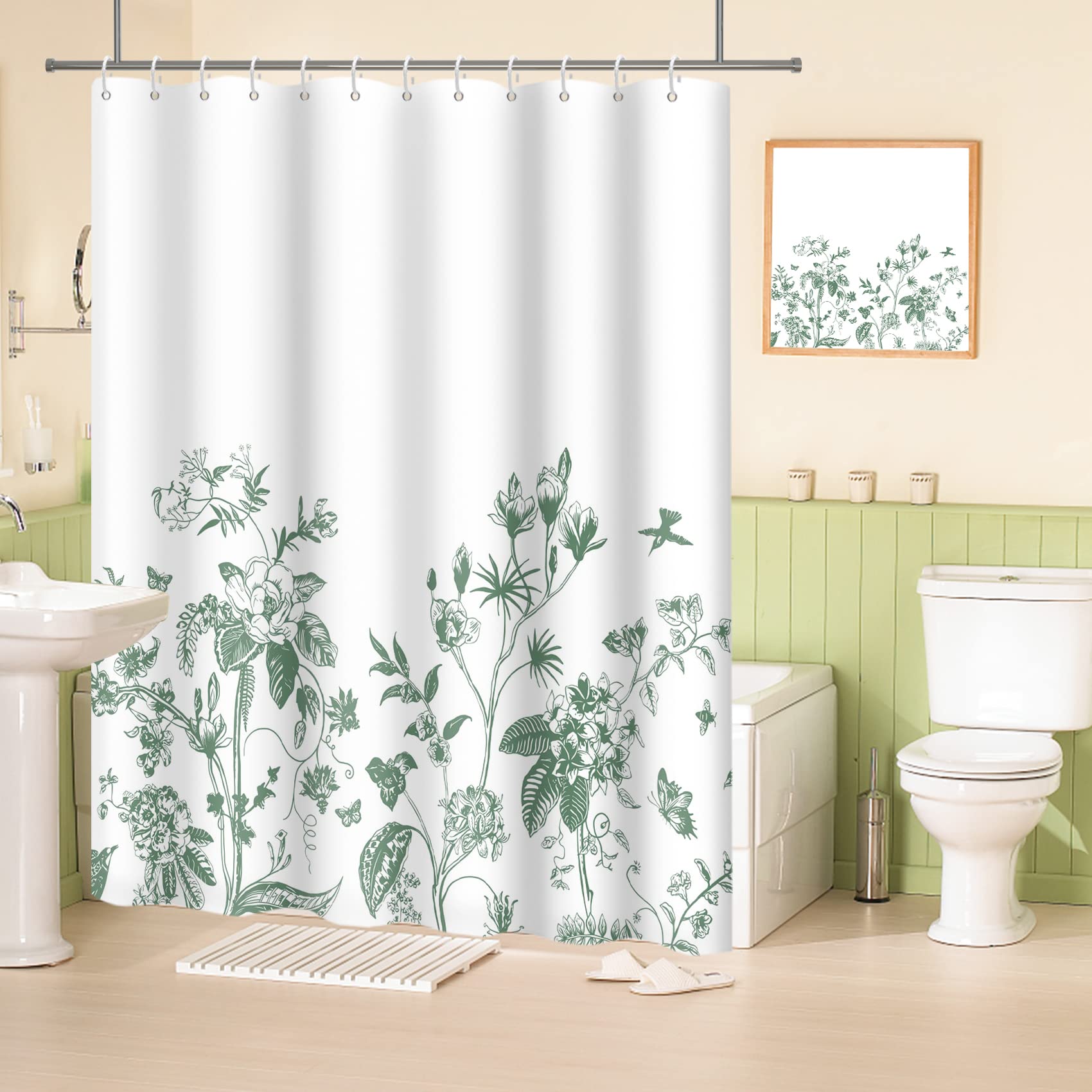 MIRRORANG Shower Curtain, Green Floral Bathroom Shower Curtains Mildew & Mould Resistant Polyester Bath Curtains with 12 Hooks, Waterproof Quick-Drying Fabric Plant Shower Curtain(180 x 180 cm) — image 1