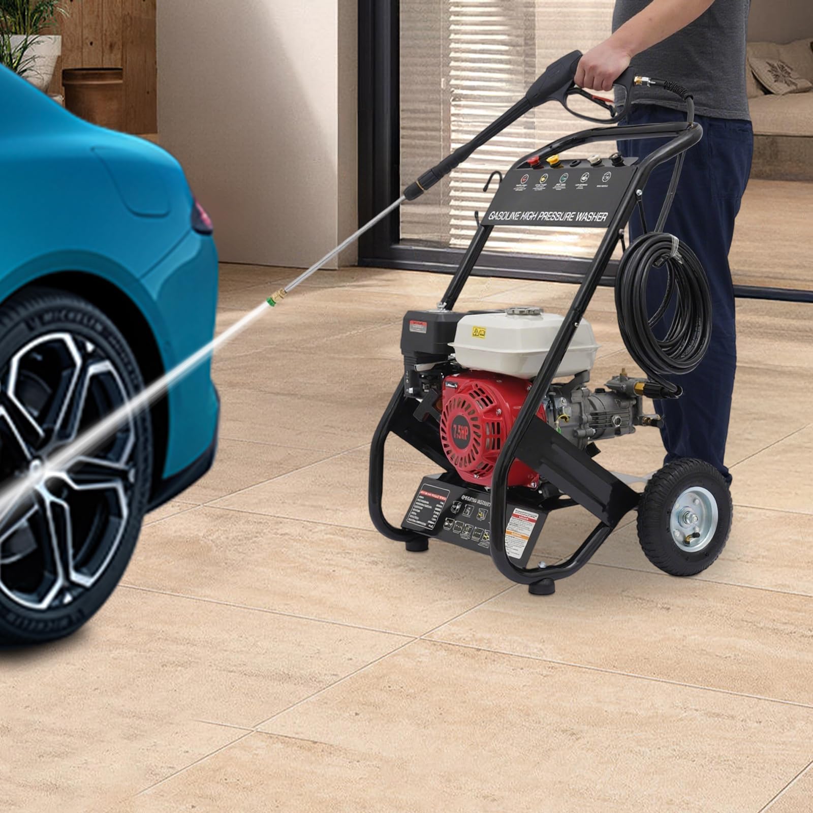 Benzin Hochdruckreiniger, 7.5HP 4-Takt Profi Hochdruckreiniger Auto und Terrassenreiniger mit 5 wählbaren Düsen Einzylinder Benzin Reinigungsmaschine mit Spritzpistole Komplettes Set 3400 U/min