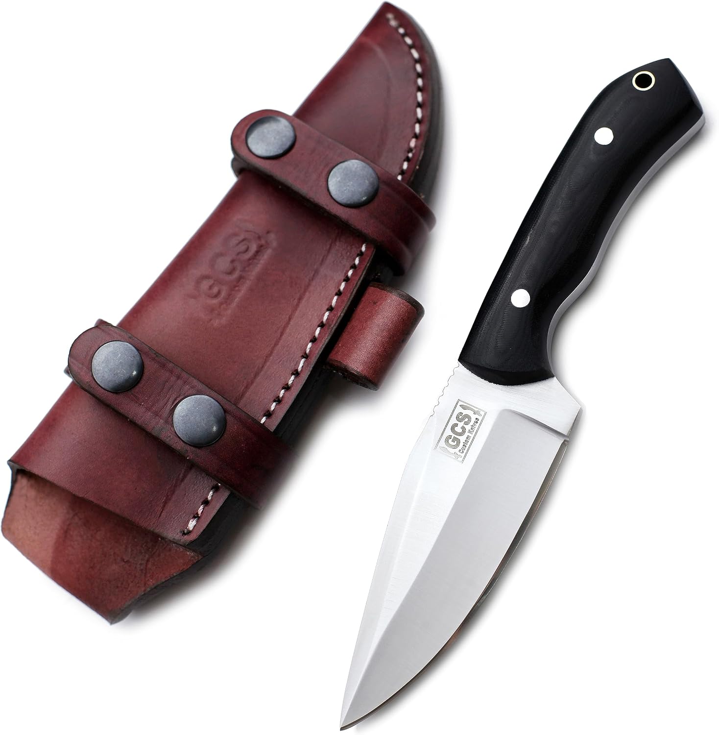 GCS Handmade Skinning and Tactical Knife with Full Tang Black Micarta Handle, Leather Sheath, Right Hand Cross Draw & Right Hand Vertical Carry-GCS 758