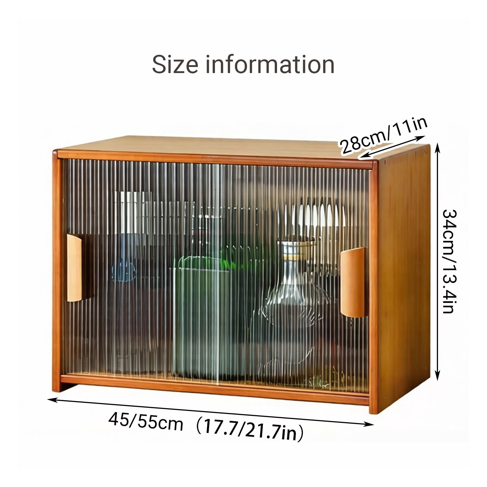 Gabinete de almacenamiento de bambú con puertas correderas acrílicas, botiquín de vidrio estriado, nizer de madera para cafetería y oficina, elegante solución de escritorio (55 x 28 x 34 cm)
