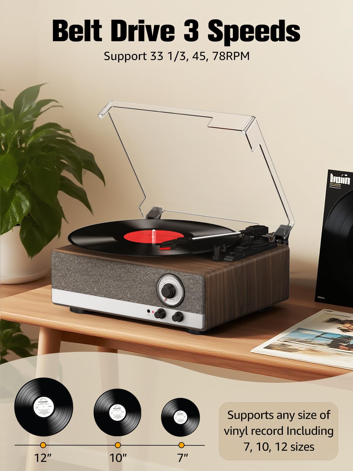 Giradischi in vinile 7 in 1 con altoparlanti integrati Bluetooth in & out trasmissione a cinghia 3 velocità giradischi per dischi in vinile supporto radio AM/FM, controllo del passo e uscita linea RCA