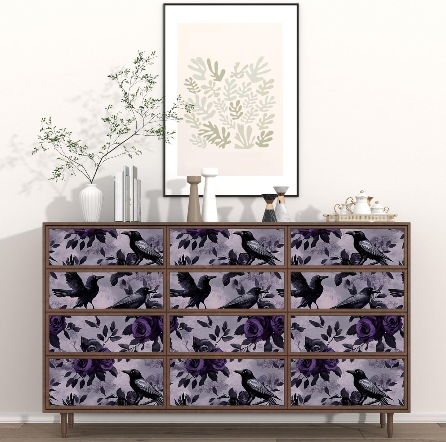 Black Crow Bird Wallpaper Peel and Stick, Vintage Purple Rose Floral Contact Paper, Dark Goth Witchy Wall Paper Self Adhesive Removable Waterproof for Bedroom Shelves Cabinet Drawer Table 17.5" x 118"
