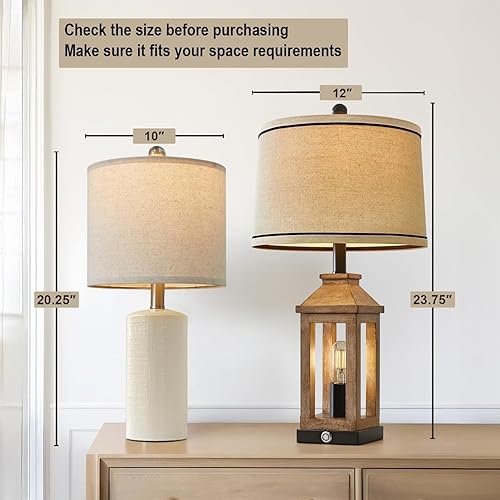 Miniatura 5 de Juego de 2 lámparas de mesa de cerámica de 20.25 pulgadas, lámpara de noche pequeña de granja, color blanco cremoso, lámparas de mesa de noche