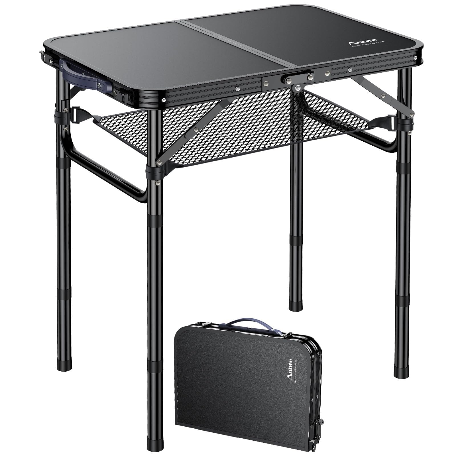 Anbte Folding Camping Table 59 x 40 x 67 cm Coffee Table 3 Adjustable Height with Storage Net,Portable Table for Picnic/Barbecue/Garden/Fair-Black-image-49