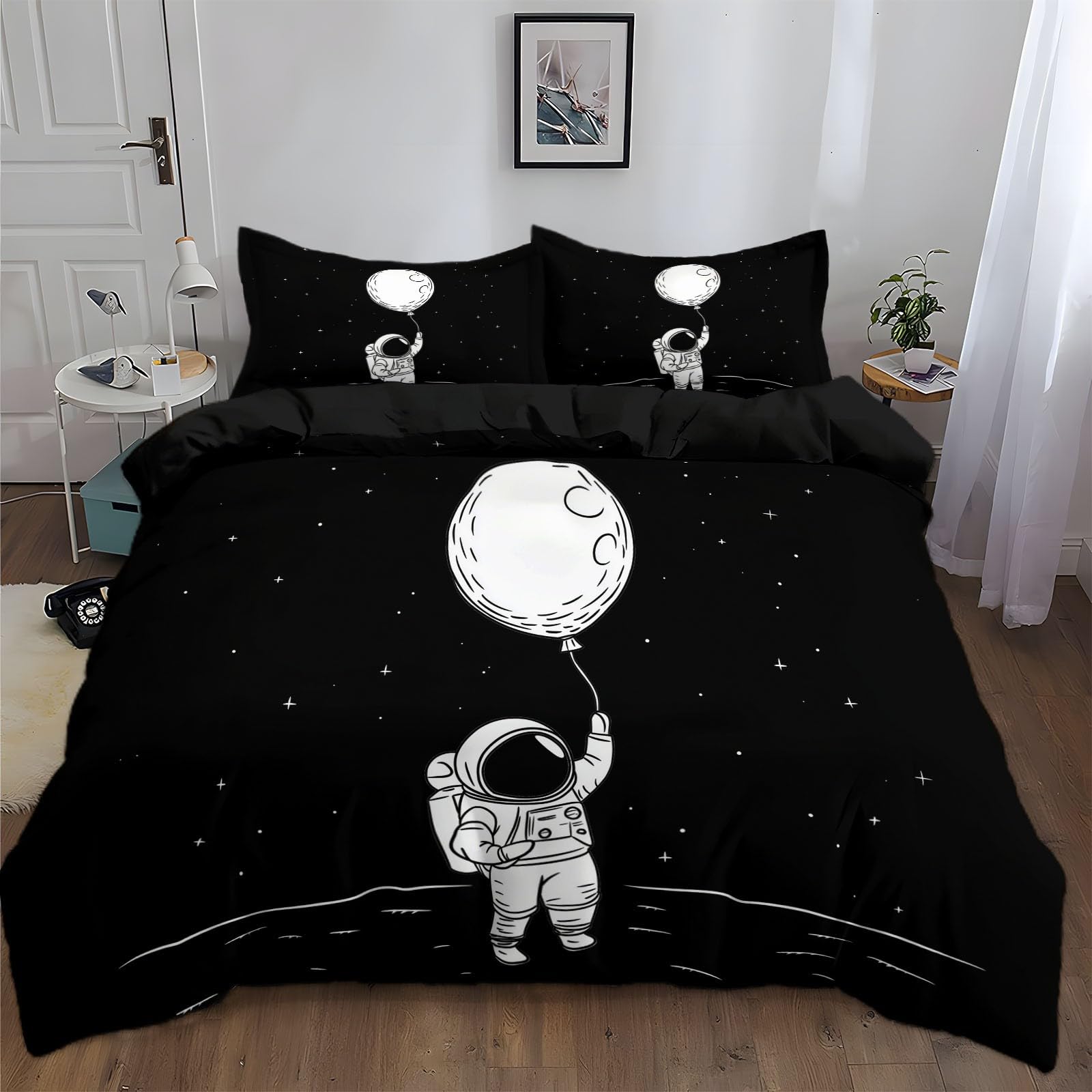 Duvet Cover King Size Cartoon Line Drawing Astronaut Reversible 3 Pieces Duvet Cover Set, Bedding Set for All Season, Soft and Breathable Bedding Set with Zipper Closure