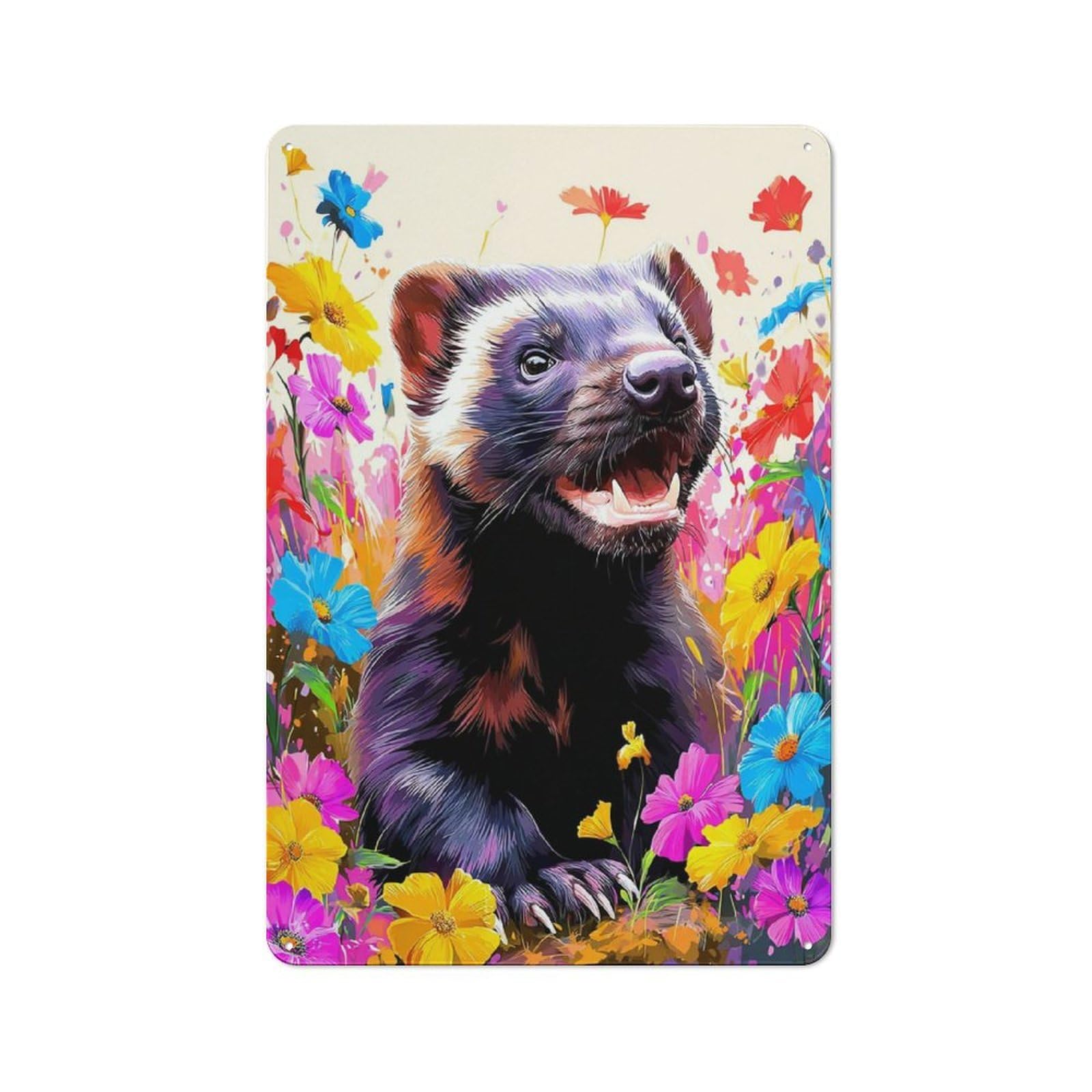 Wildlife in Bloom Vibrant Flowers with Ferret Smart Metal Wall Decor 30x20cm, Office Metal Sign for Office, Study, Studio Or Hallway
